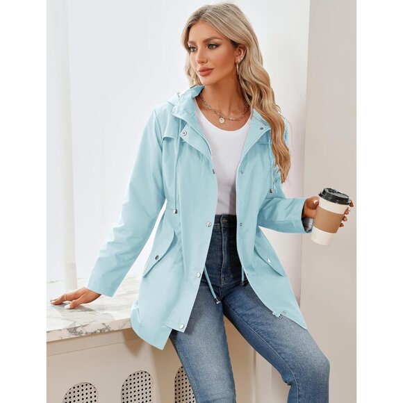 Women Light Blue Hiking Raincoat Women Waterproof Jacket Lightweight Hood - Picture 5 of 5